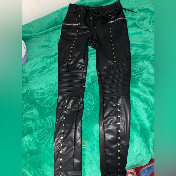 Imely Bela vinyl/faux rockstar biker pants w/ metal accents lace up front S - Picture 2 of 6